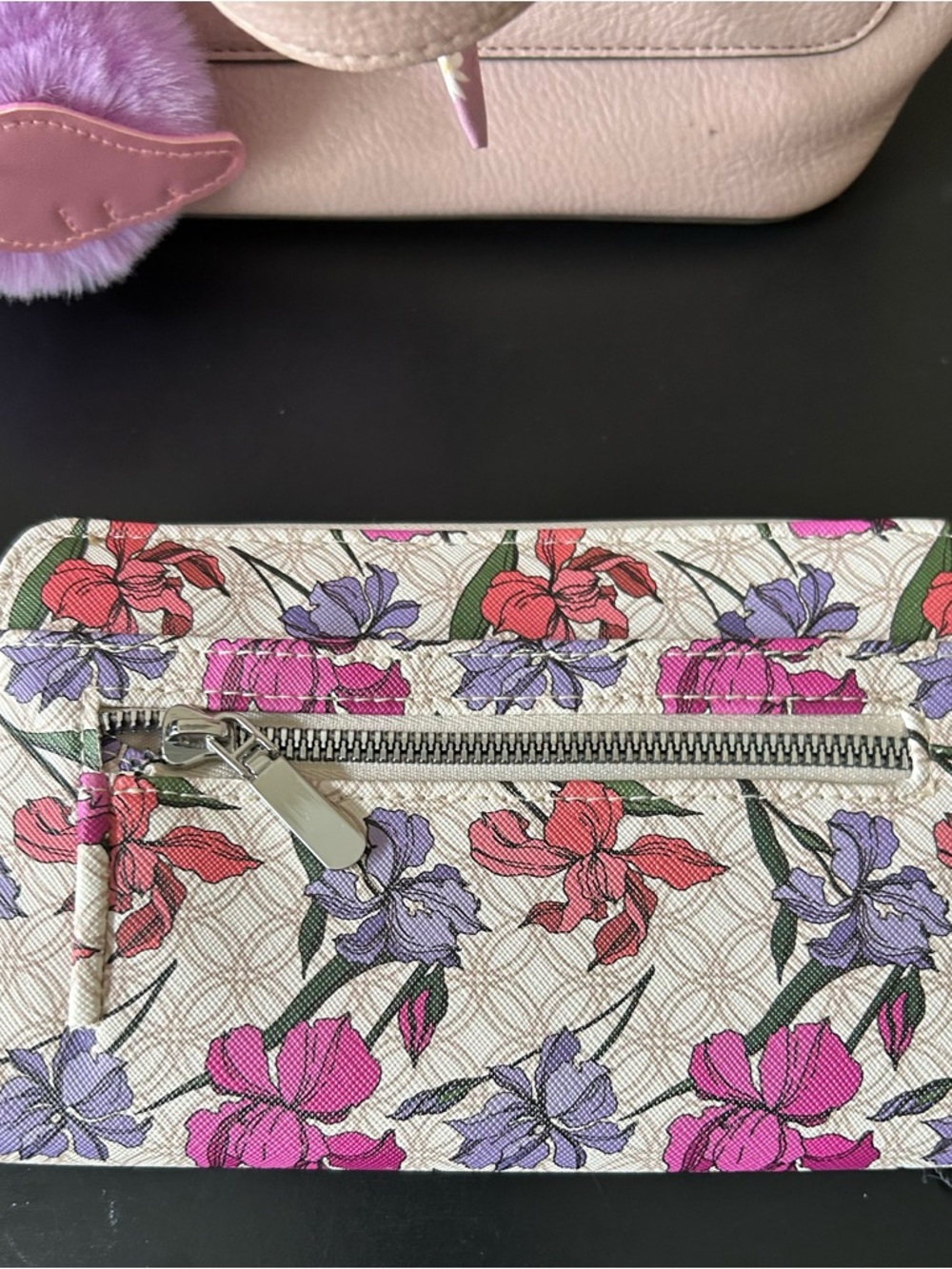 Steve Madden Pink Tote with Floral Scarf and Lilac Pom Keychain and NWT wallet - Picture 5 of 5